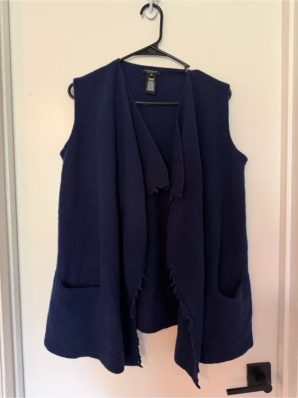 Lafayette 148 New York Navy Blue Knit Draped Vest Cardigan Pockets